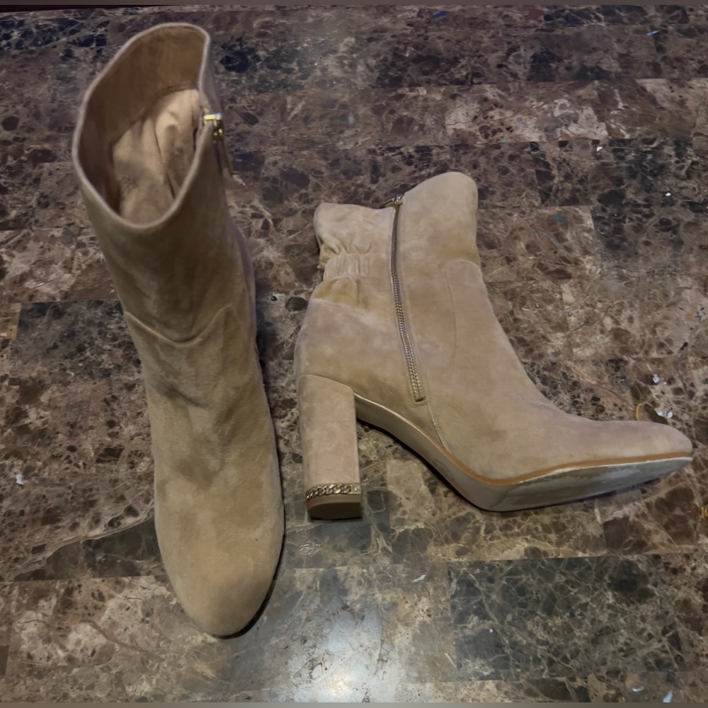 Michael Kors Women’s Tan Suede Chunky High Heel Zip Mid-Calf Boots 11M Pre-owned